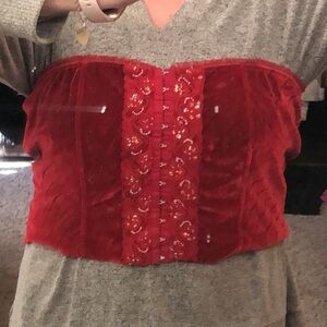 Crop top stretch red velvet with hook and eyes up the front unhemmed strapless